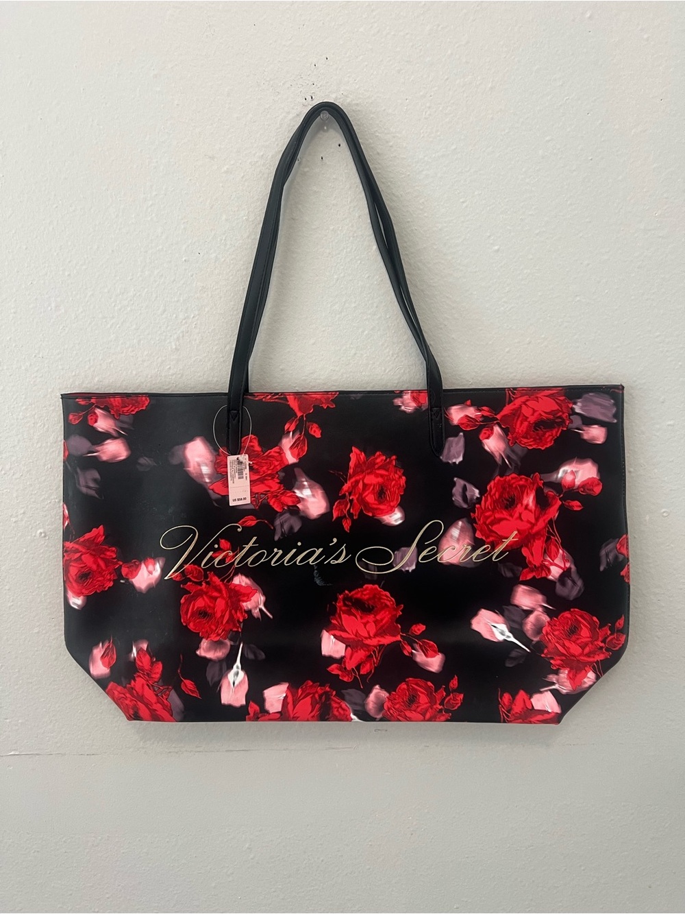 Victoria's Secret Black Tote with Red Rose Pattern and Gold Logo